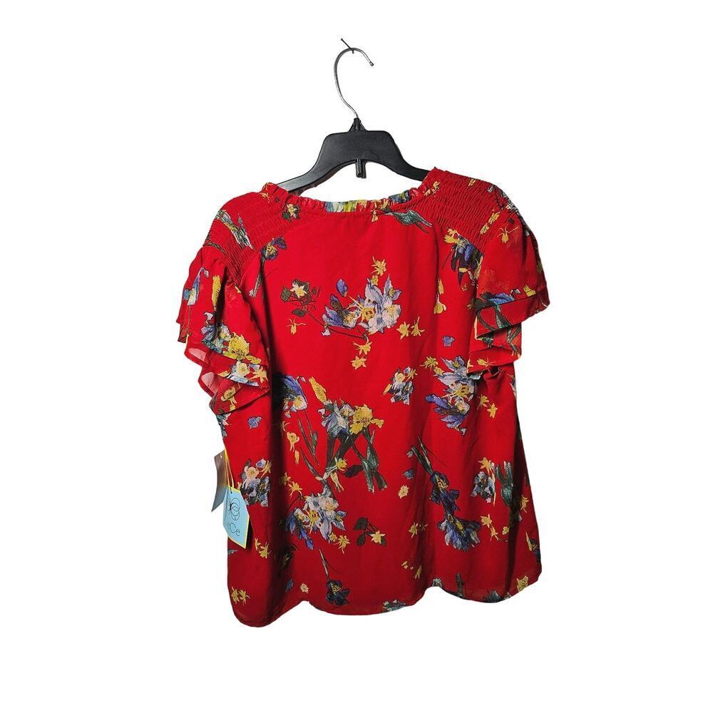 CeCe Women's Fiery Red Island Oasis Floral Tie Neck Blouse Top Size Large - Picture 5 of 7